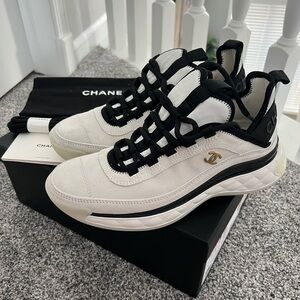 CHANEL Suede Calfskin white and Black Athletic Shoes